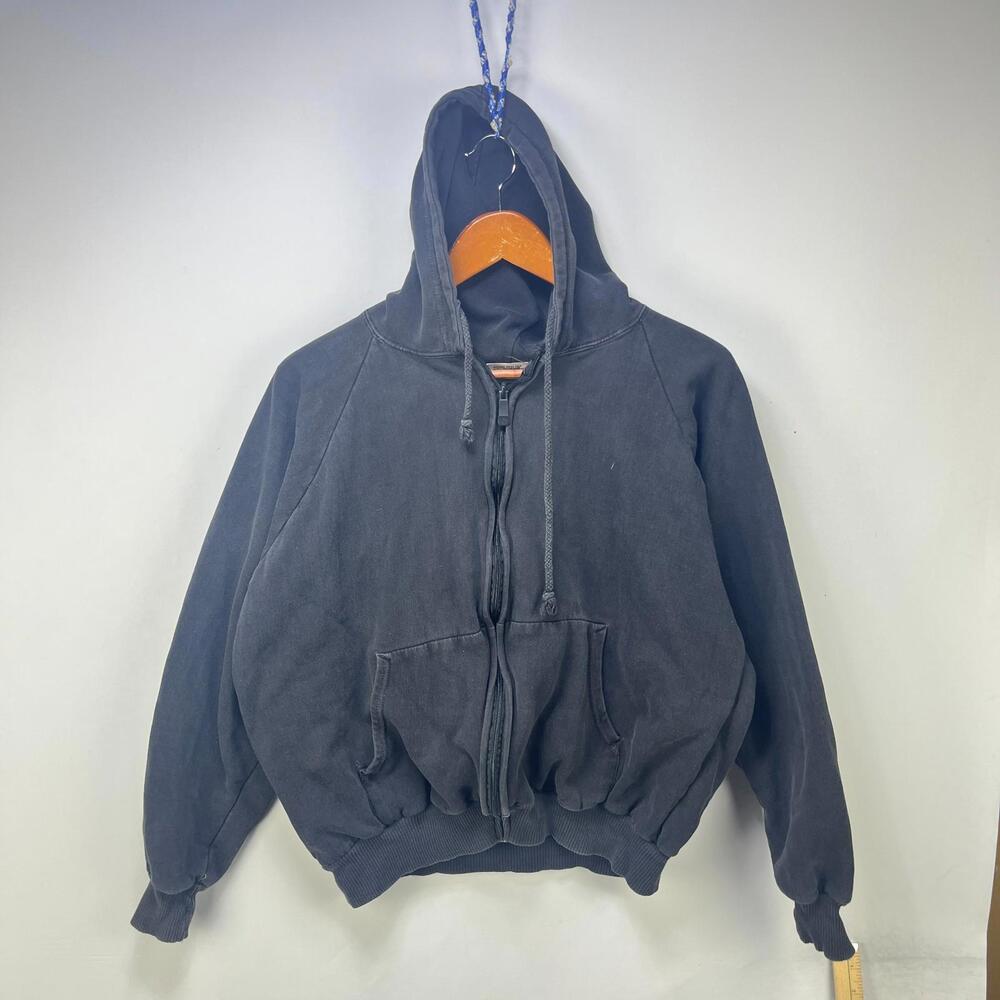 Vintage 90s Sun Faded Blank Black Raglan Waffle Zip Hoodie L